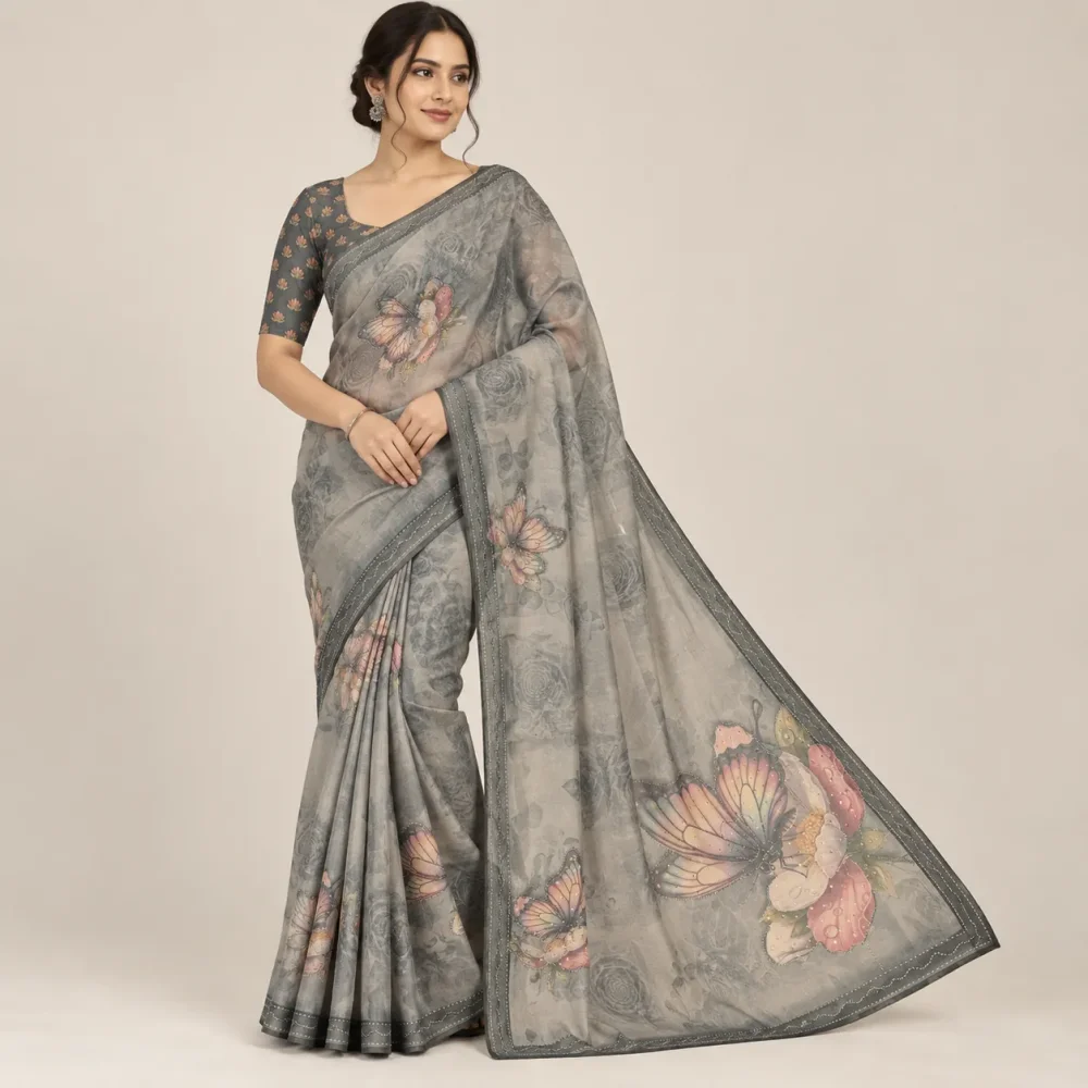 Printed Cotton Party Wear Saree with Sequins and Tubelight Work - Gray - View 1
