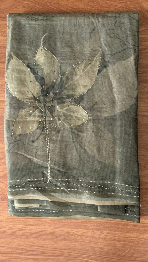 Olive Green Sheer Organza Saree with Sequins and Kantha Floral Embroidery - Olive - View 2