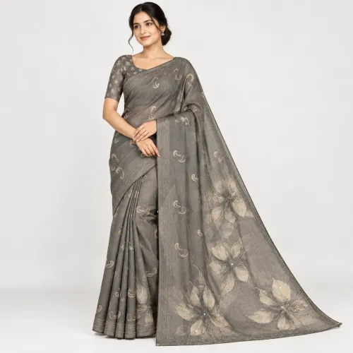 Olive Green Sheer Organza Saree with Sequins and Kantha Floral Embroidery - Olive