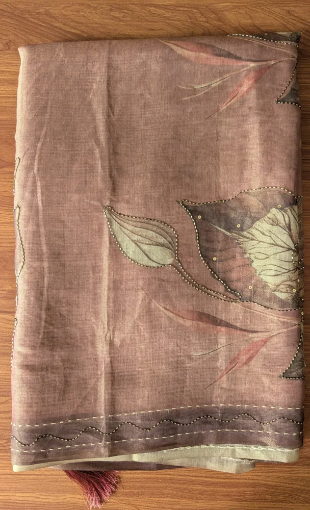 Muted Pink Printed Cotton Blend Saree with Handcrafted Sequins & Tubelight Work - Muted Pink - View 4