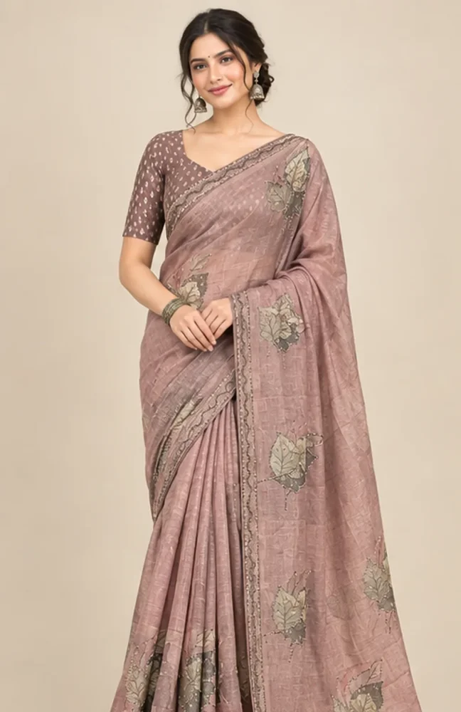 Muted Pink Printed Cotton Blend Saree with Handcrafted Sequins & Tubelight Work - Muted Pink - View 1