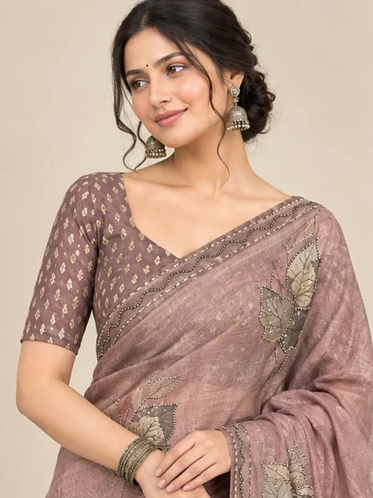 Muted Pink Printed Cotton Blend Saree with Handcrafted Sequins & Tubelight Work - Muted Pink - View 3