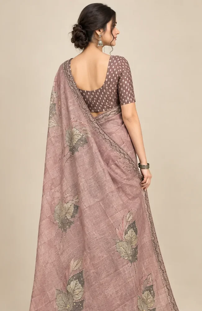 Muted Pink Printed Cotton Blend Saree with Handcrafted Sequins & Tubelight Work - Muted Pink - View 2