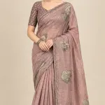 Muted Pink Printed Cotton Blend Saree with Handcrafted Sequins & Tubelight Work - Muted Pink