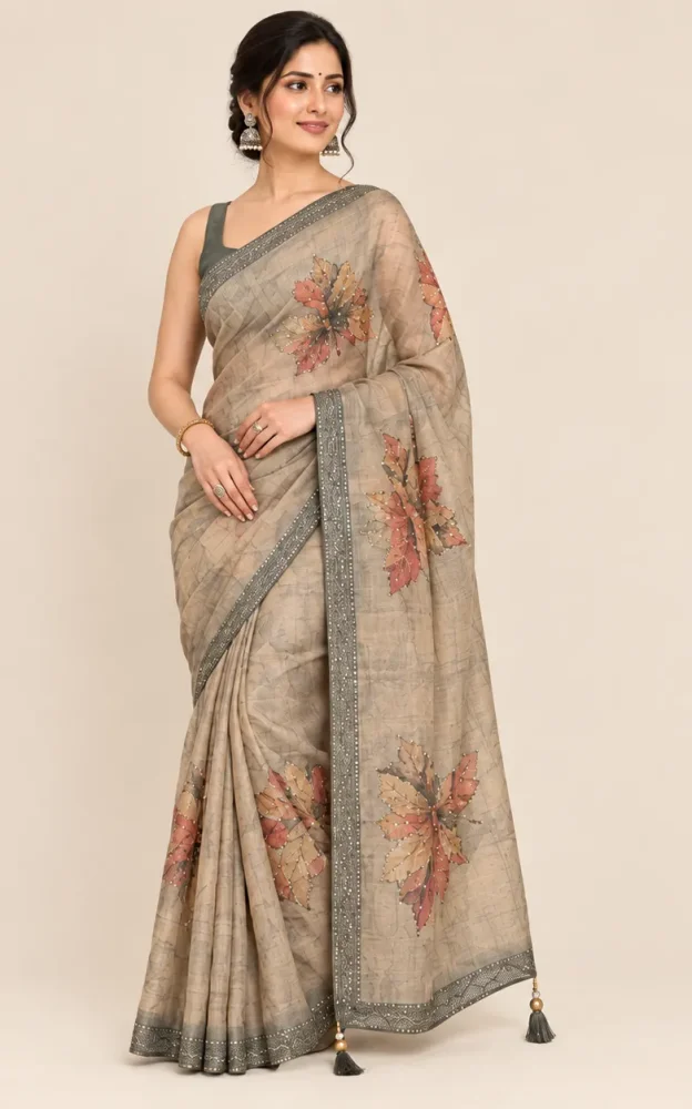 Olive Khaki Tissue Blend Saree with Leaf Motif, Sequins & Tubelight Work - Olive - View 1