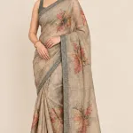 Olive Khaki Tissue Blend Saree with Leaf Motif, Sequins & Tubelight Work - Olive