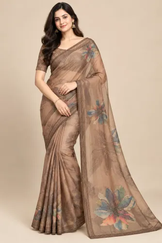 Mauve Printed Cotton Blend Saree with Handcrafted Sequins & Pipe Work Motif - Mauve