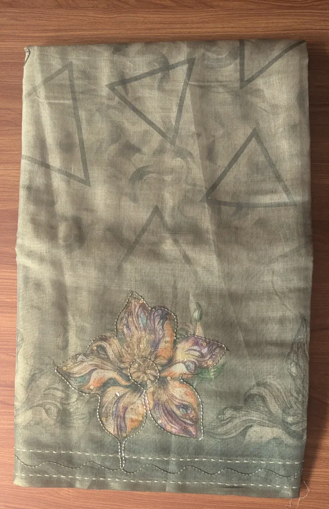 Olive Green Printed Cotton Blend Saree with Handcrafted Sequins & Floral Embroidery - Olive - View 2