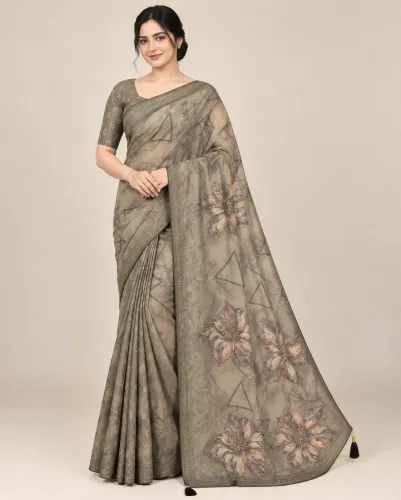 Olive Green Printed Cotton Blend Saree with Handcrafted Sequins & Floral Embroidery - Olive