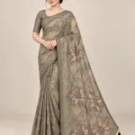 Olive Green Printed Cotton Blend Saree with Handcrafted Sequins & Floral Embroidery - Olive